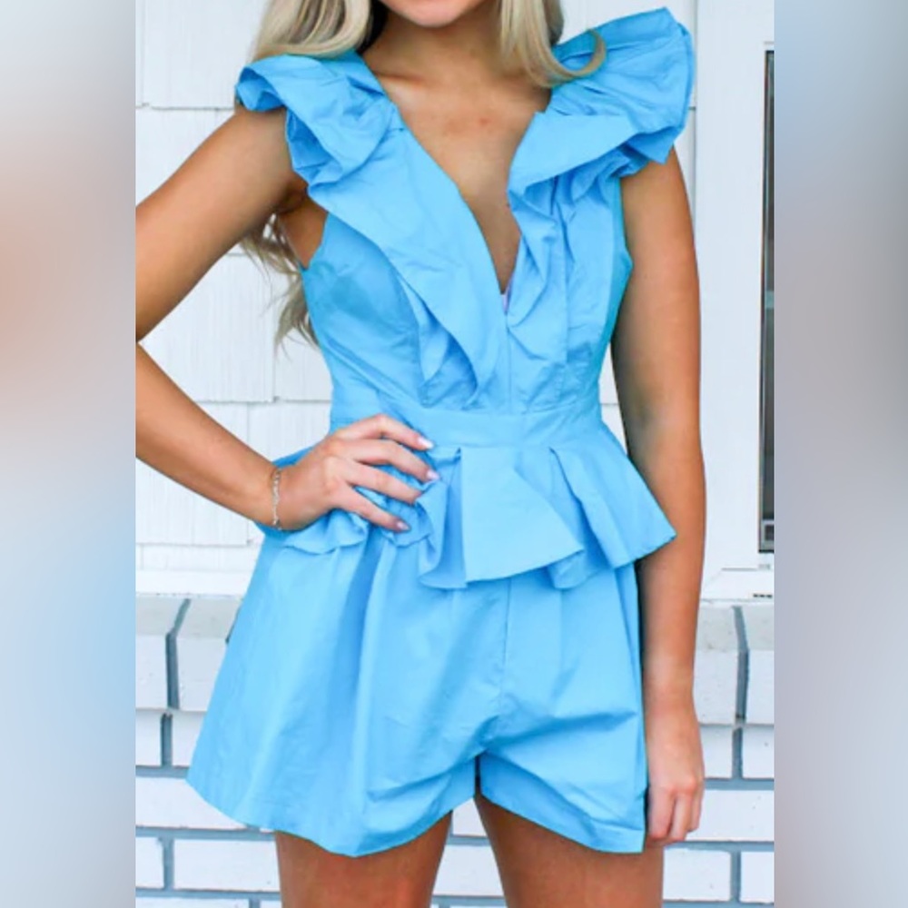Blue Ruffle Sleeve Romper